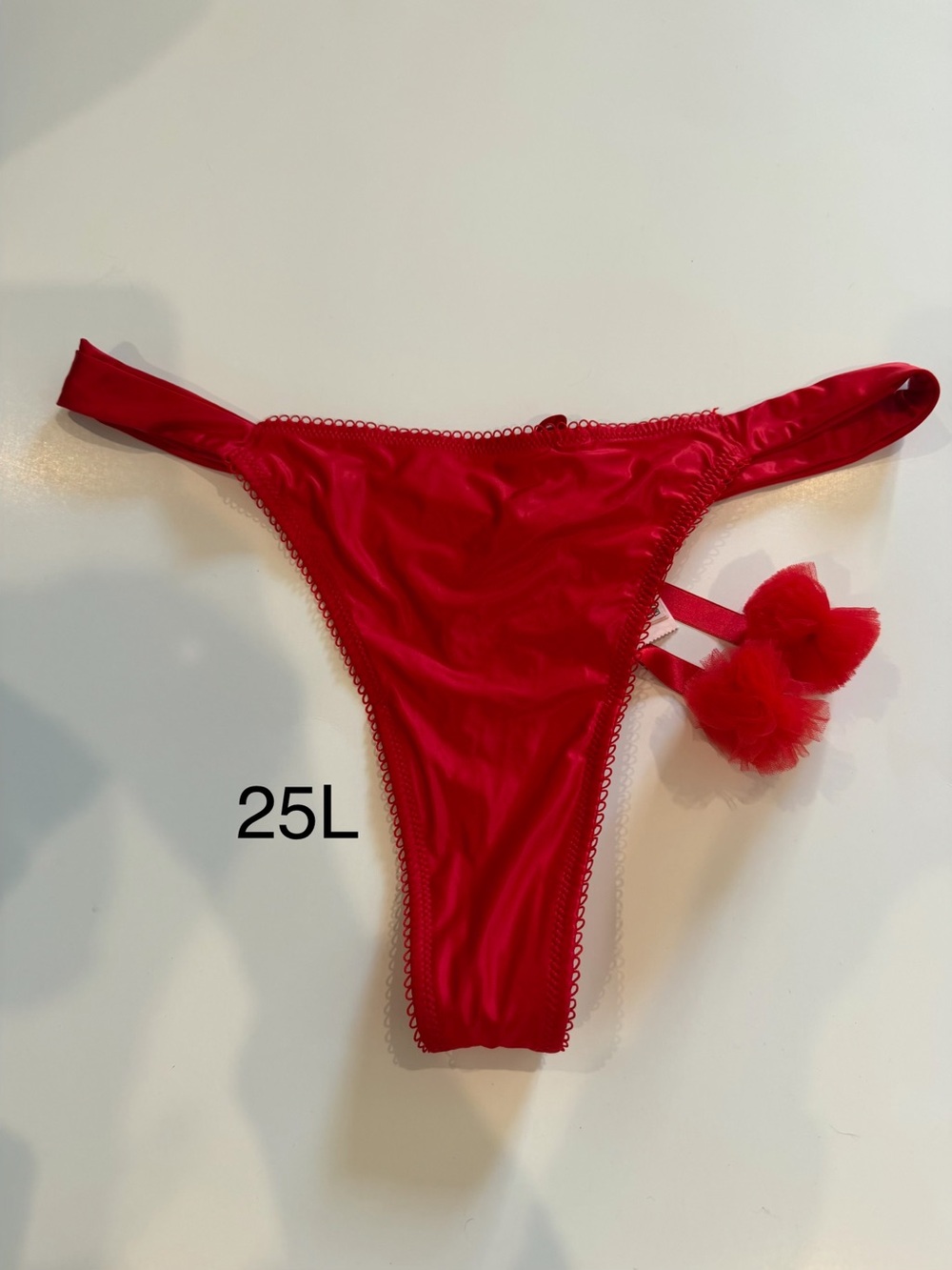 Red Satin Pom-Accent Thong Panty with Pom Pom - Women Intimates